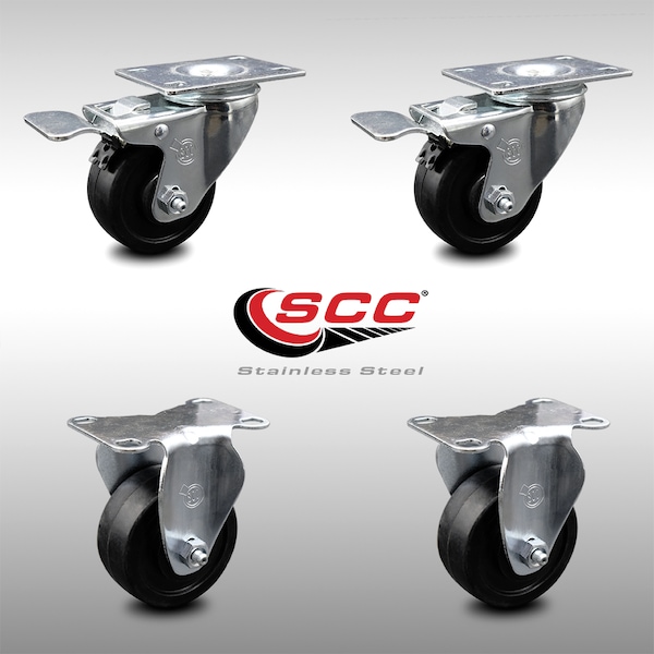 3.5 Inch SS Soft Rubber Wheel Top Plate Caster Lock Brake 2 Rigid SCC, 2PK